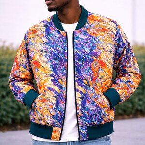 Men’s Abstract Print Bomber Jacket – Bold Multicolor Design